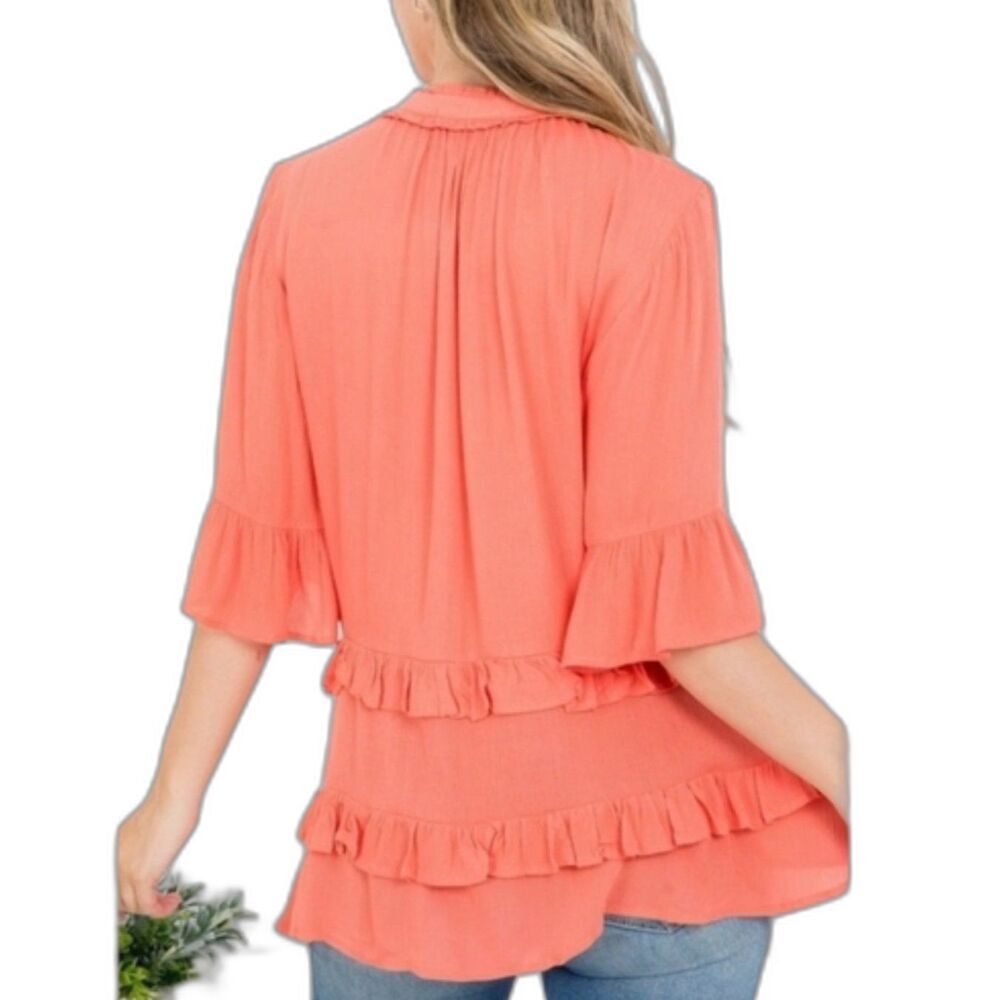 Doe & Rae Orange Ruffled Tie Neck Tunic Size M‎ - Picture 3 of 8